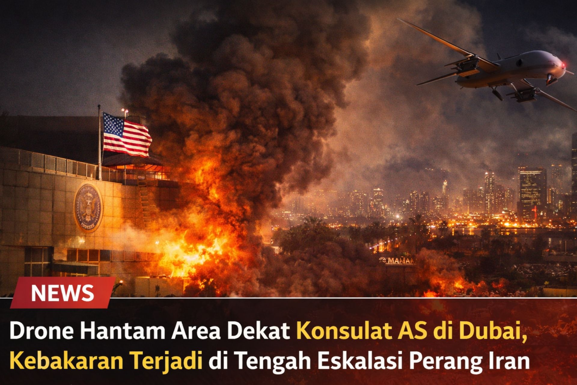 Drone Hantam Area Dekat Konsulat AS di Dubai, Kebakaran Terjadi di Tengah Eskalasi Perang Iran